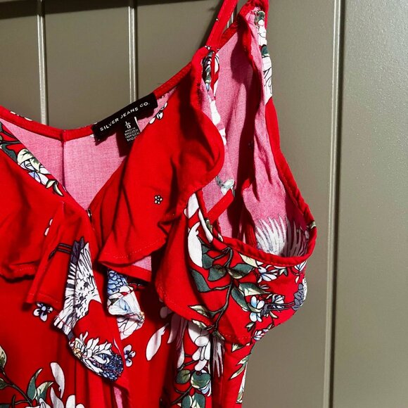 Silver Jeans Co. Red Floral Wrap Dress with Ruffles | Size L | Cranes & Blossoms - Picture 7 of 12